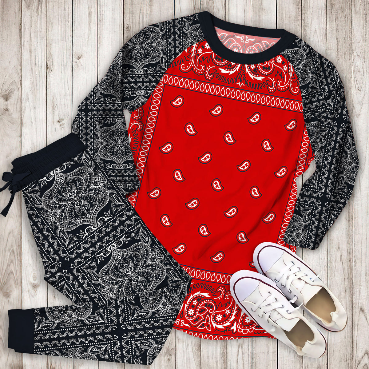 Bandana Red Pajama Set | Pajamas | Cotton Sleepwear Sets | Soft Long Sleeve Pjs | Raglan Shirt and Pants Set