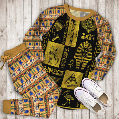 Egyptian Gold Hieroglyphs And Symbols Collage Pajama Set |Sleepwear Pjs Sets | Raglan Shirt Pants Set
