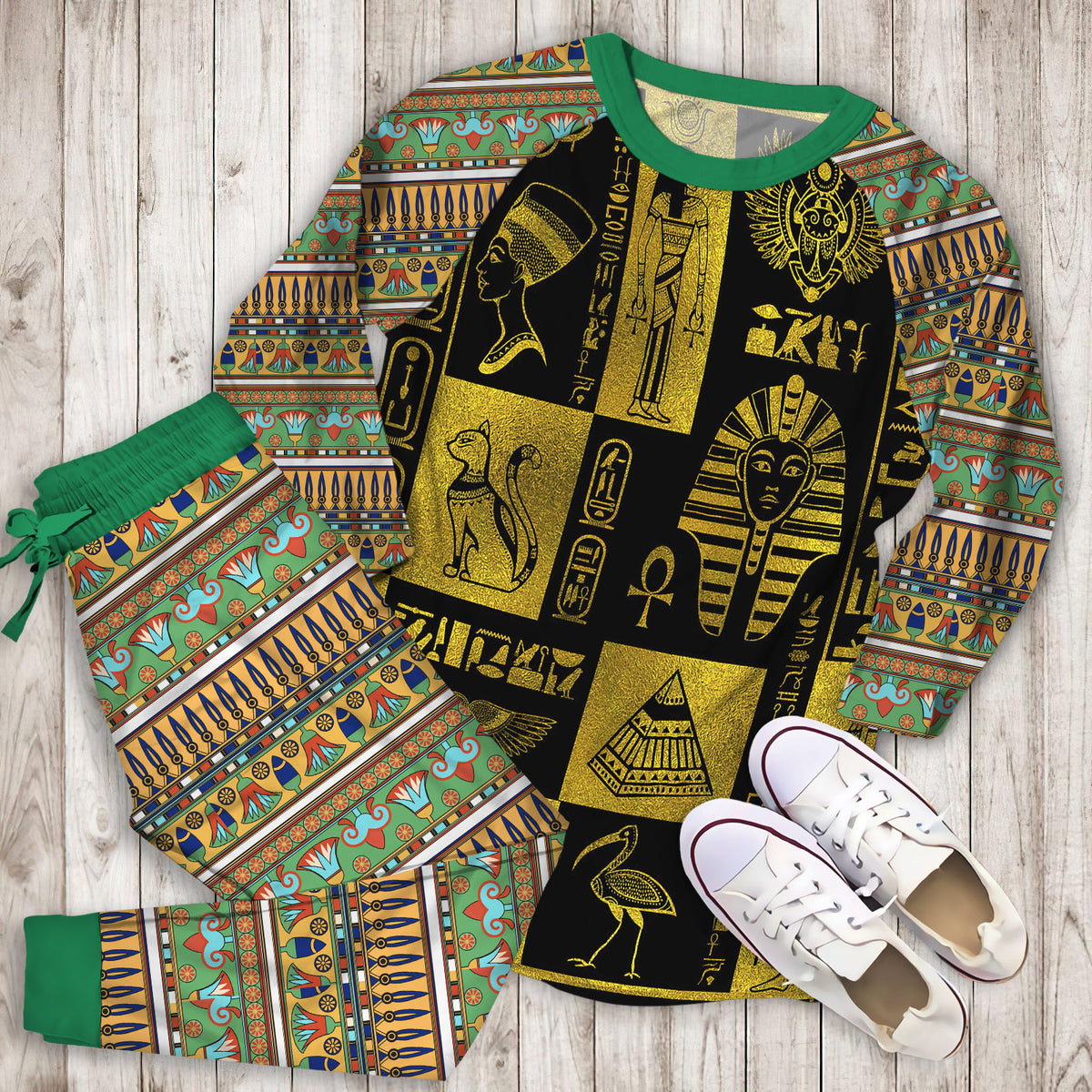 Egyptian Gold Hieroglyphs And Symbols Collage Pajama Set |Sleepwear Pjs Sets | Raglan Shirt Pants Set