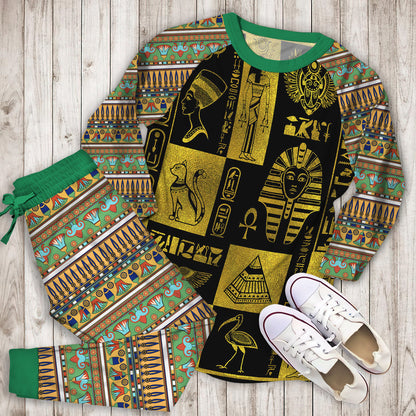 Egyptian Gold Hieroglyphs And Symbols Collage Pajama Set |Sleepwear Pjs Sets | Raglan Shirt Pants Set