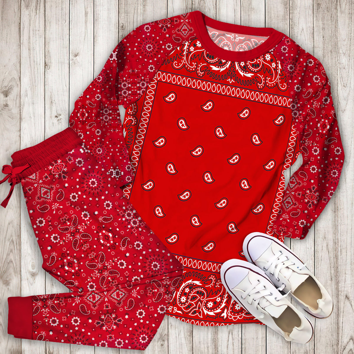Bandana Red Pajama Set | Pajamas | Cotton Sleepwear Sets | Soft Long Sleeve Pjs | Raglan Shirt and Pants Set