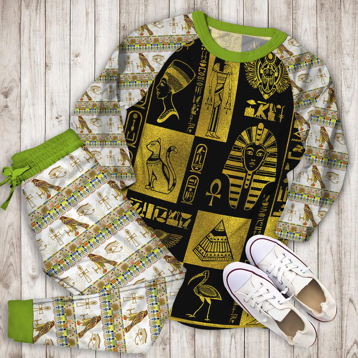 Egyptian Gold Hieroglyphs And Symbols Collage Pajama Set |Sleepwear Pjs Sets | Raglan Shirt Pants Set