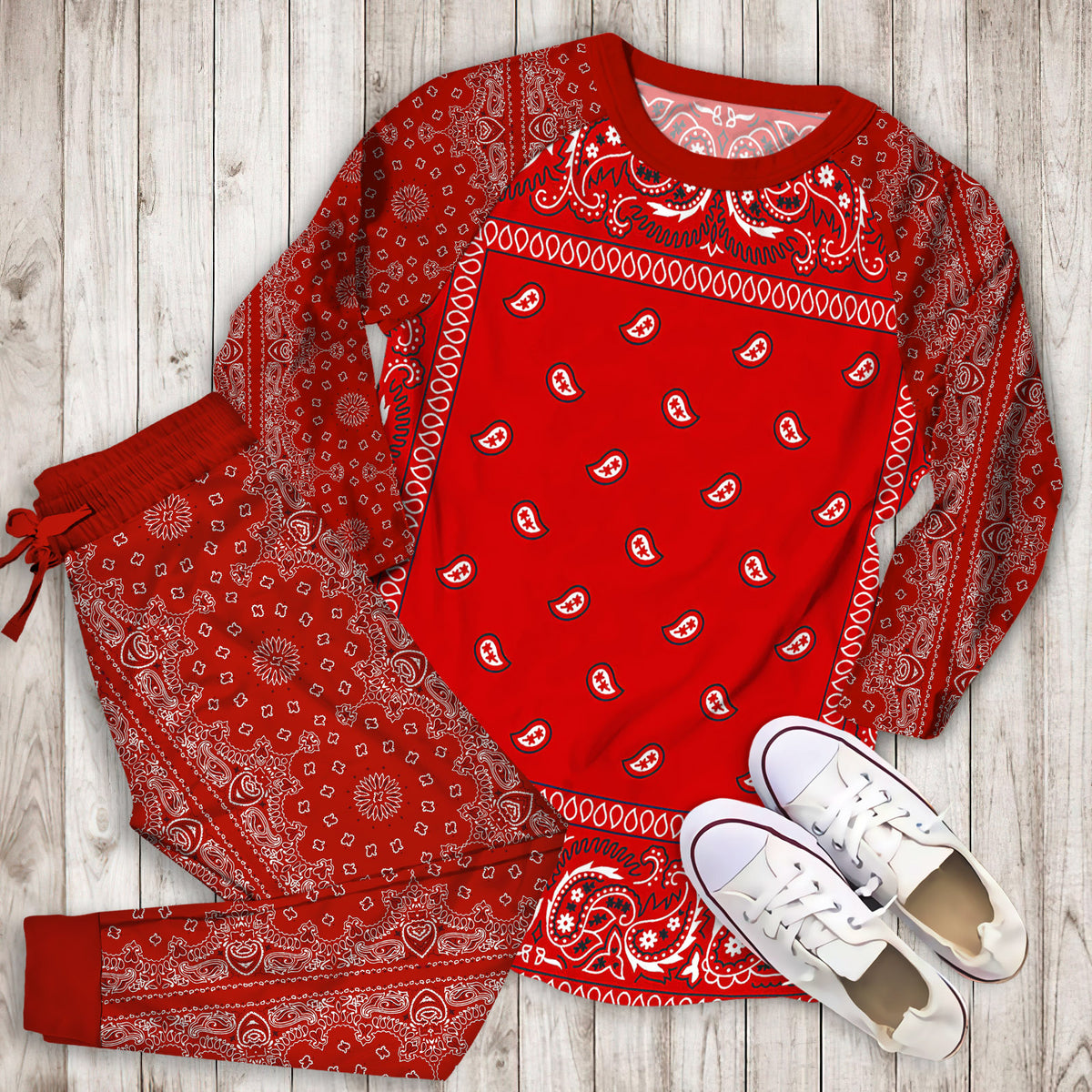 Bandana Red Pajama Set | Pajamas | Cotton Sleepwear Sets | Soft Long Sleeve Pjs | Raglan Shirt and Pants Set