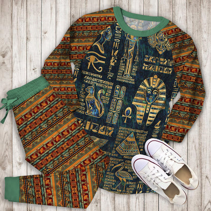 Egyptian Hieroglyphs And Deities Pajama Set |Sleepwear Pjs Sets | Raglan Shirt Pants Set