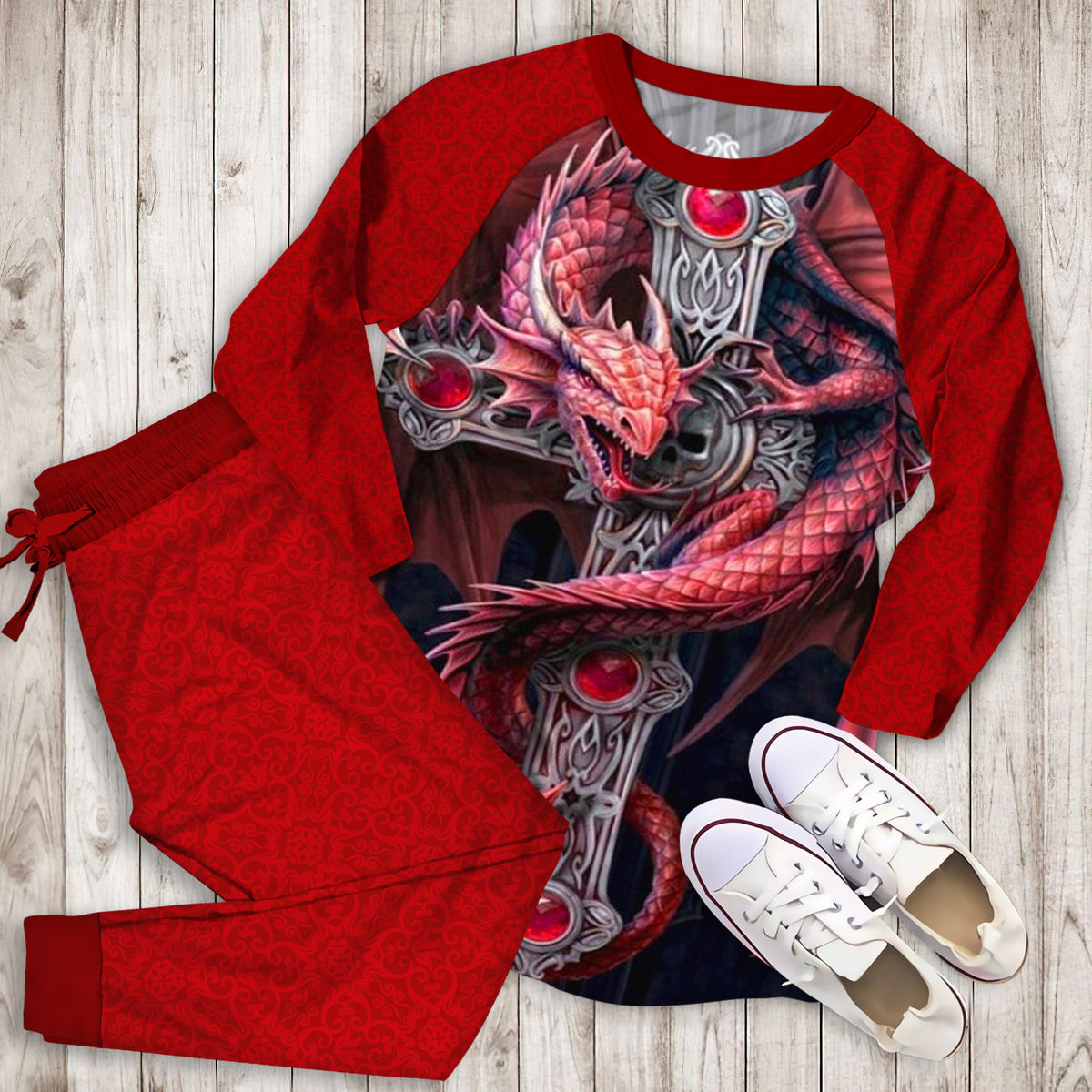 Limited Edition Red Dragon And Cross Pajama Set |Sleepwear Pjs Sets | Raglan Shirt Pants Set