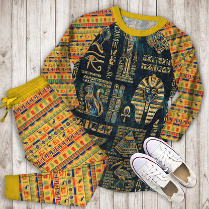Egyptian Hieroglyphs And Deities Pajama Set |Sleepwear Pjs Sets | Raglan Shirt Pants Set
