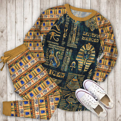 Egyptian Hieroglyphs And Deities Pajama Set |Sleepwear Pjs Sets | Raglan Shirt Pants Set