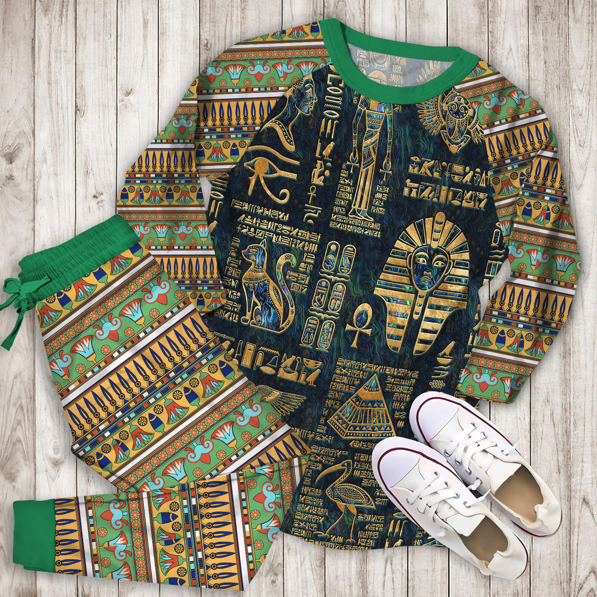 Egyptian Hieroglyphs And Deities Pajama Set |Sleepwear Pjs Sets | Raglan Shirt Pants Set