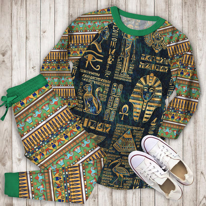 Egyptian Hieroglyphs And Deities Pajama Set |Sleepwear Pjs Sets | Raglan Shirt Pants Set