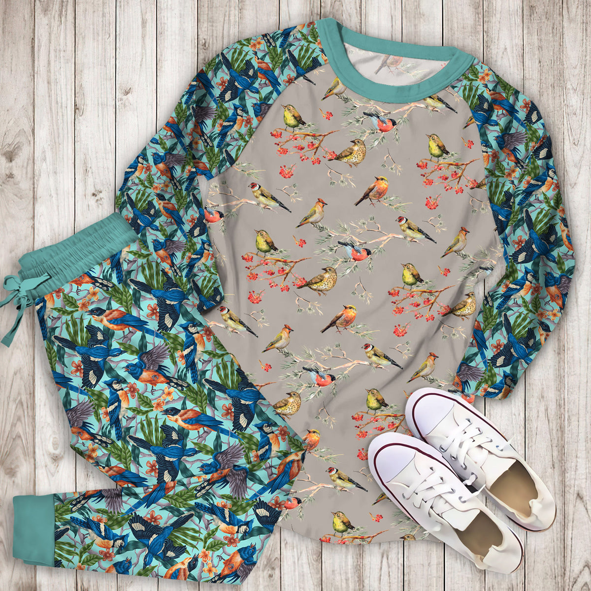 Birds Pattern Pajama Set | Pajamas | Cotton Sleepwear Sets | Soft Long Sleeve Pjs | Raglan Shirt and Pants Set