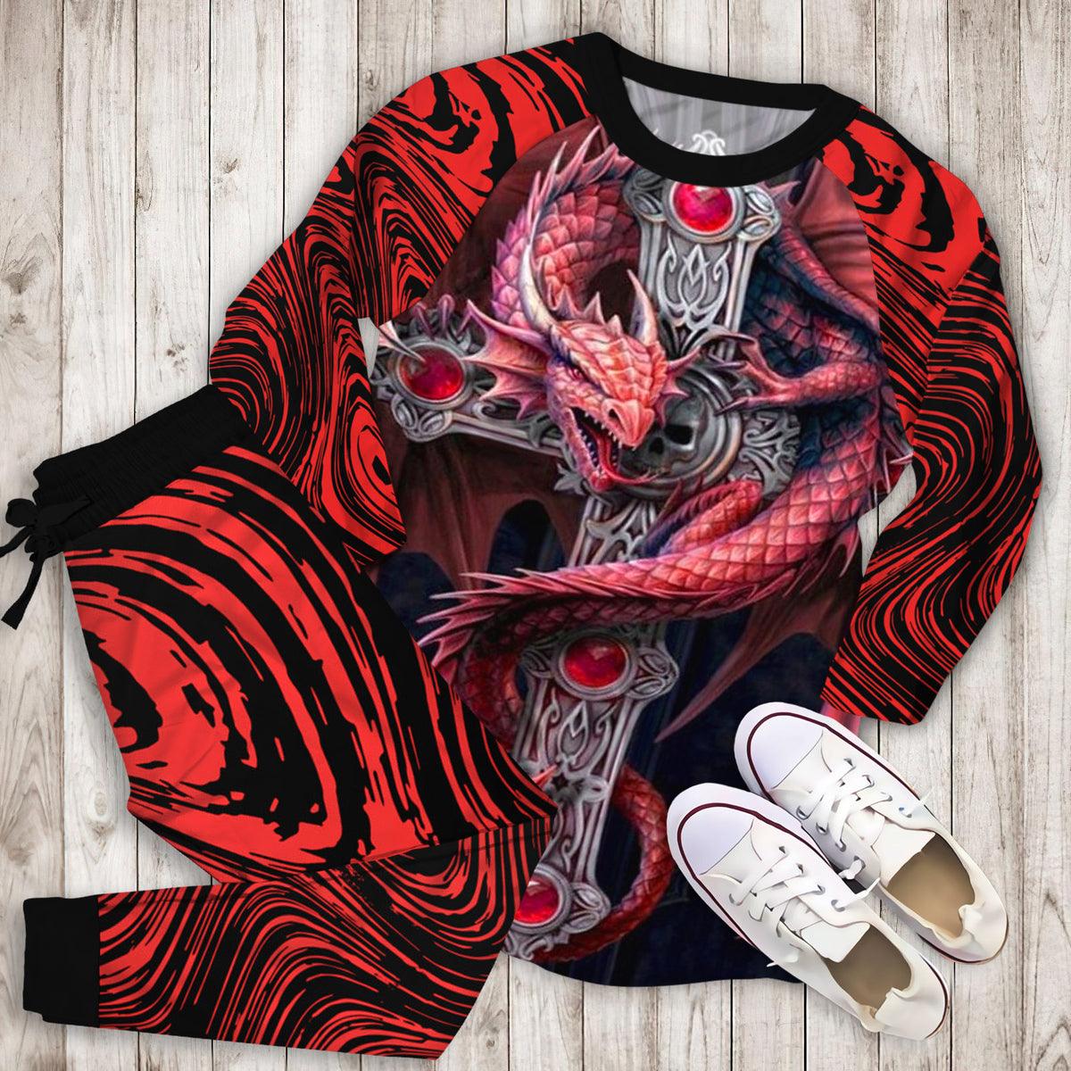 Limited Edition Red Dragon And Cross Pajama Set |Sleepwear Pjs Sets | Raglan Shirt Pants Set