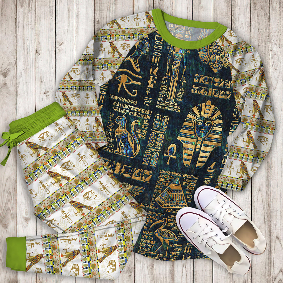 Egyptian Hieroglyphs And Deities Pajama Set |Sleepwear Pjs Sets | Raglan Shirt Pants Set