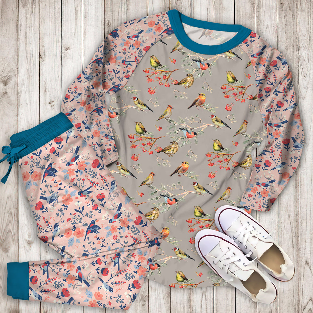 Birds Pattern Pajama Set | Pajamas | Cotton Sleepwear Sets | Soft Long Sleeve Pjs | Raglan Shirt and Pants Set