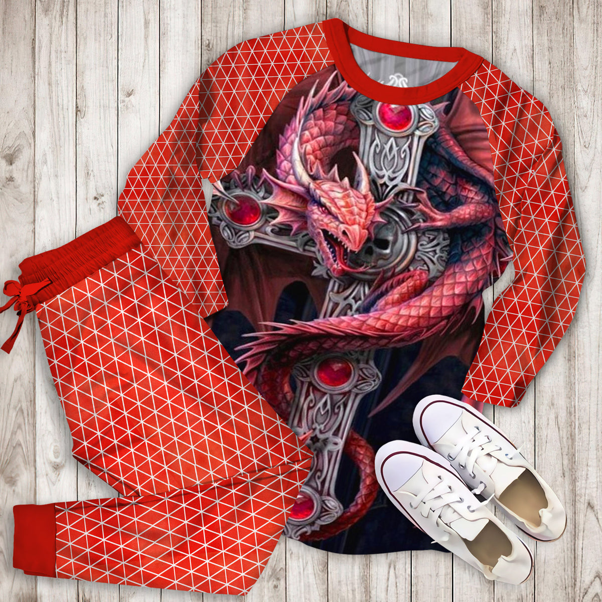 Limited Edition Red Dragon And Cross Pajama Set |Sleepwear Pjs Sets | Raglan Shirt Pants Set