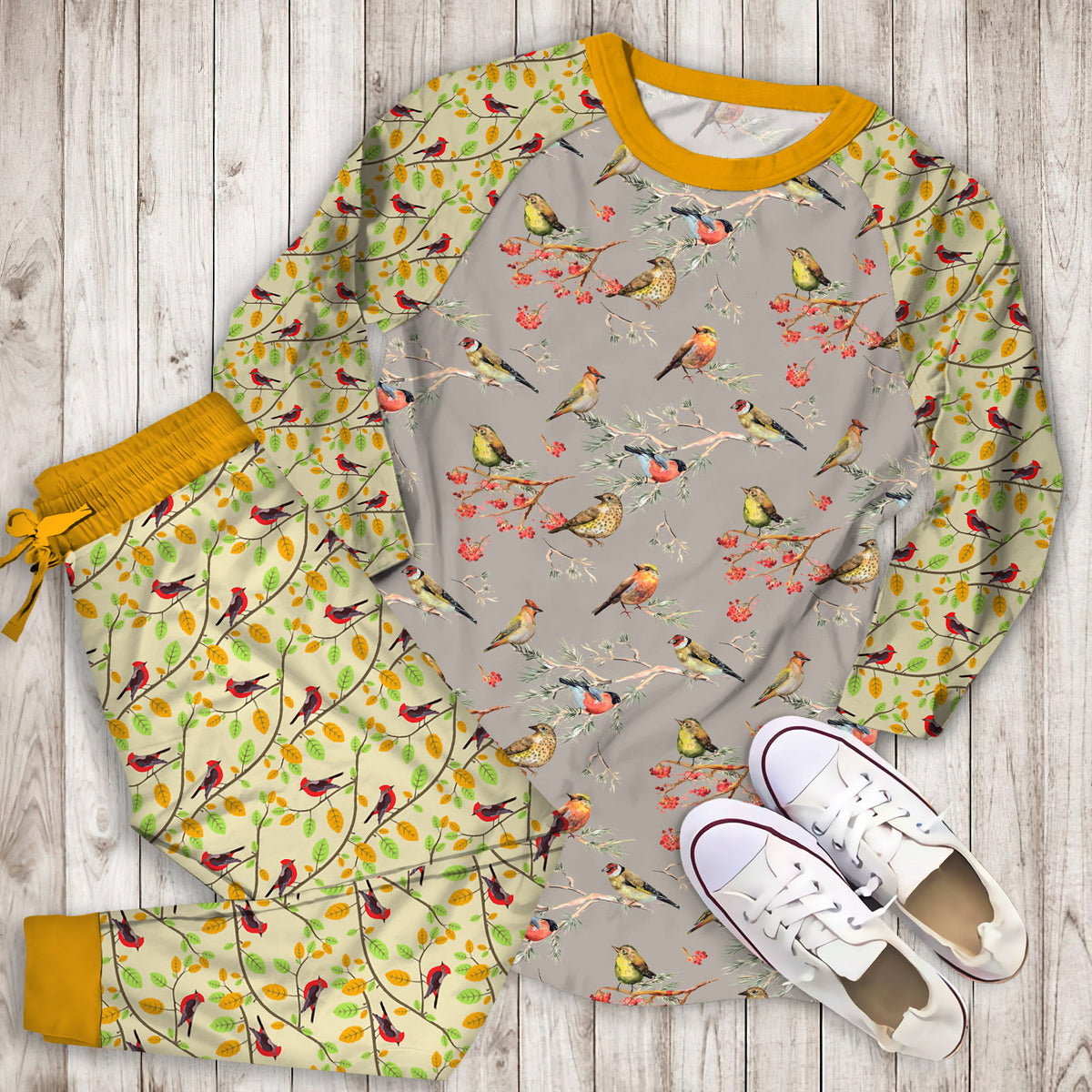 Birds Pattern Pajama Set | Pajamas | Cotton Sleepwear Sets | Soft Long Sleeve Pjs | Raglan Shirt and Pants Set