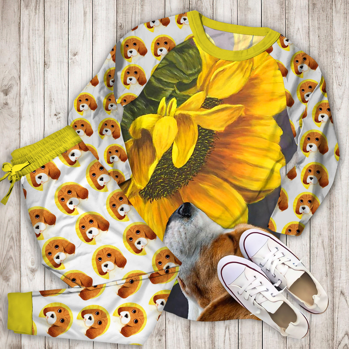 Beagle Mom Sunflower Pajama Set |Sleepwear Pjs Sets | Raglan Shirt Pants Set