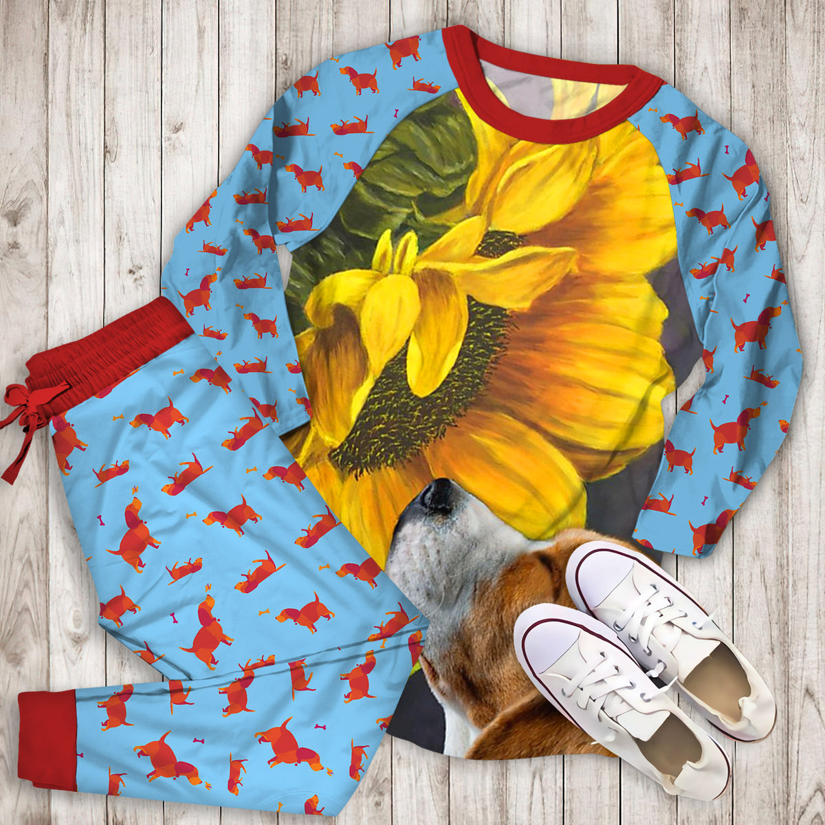 Beagle Mom Sunflower Pajama Set |Sleepwear Pjs Sets | Raglan Shirt Pants Set