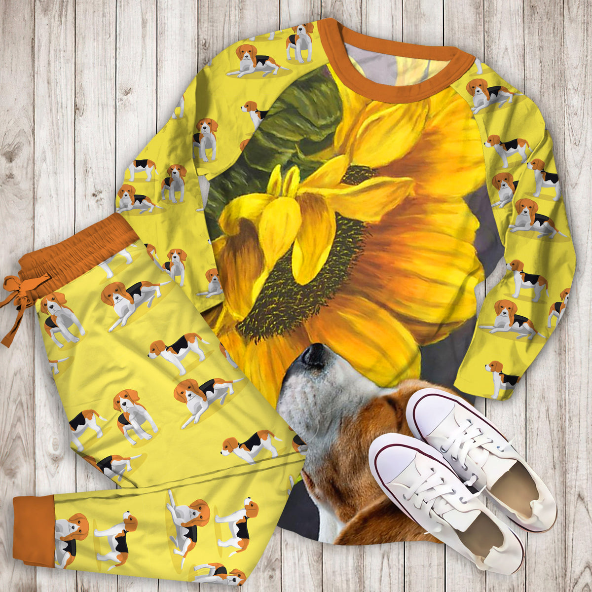 Beagle Mom Sunflower Pajama Set |Sleepwear Pjs Sets | Raglan Shirt Pants Set