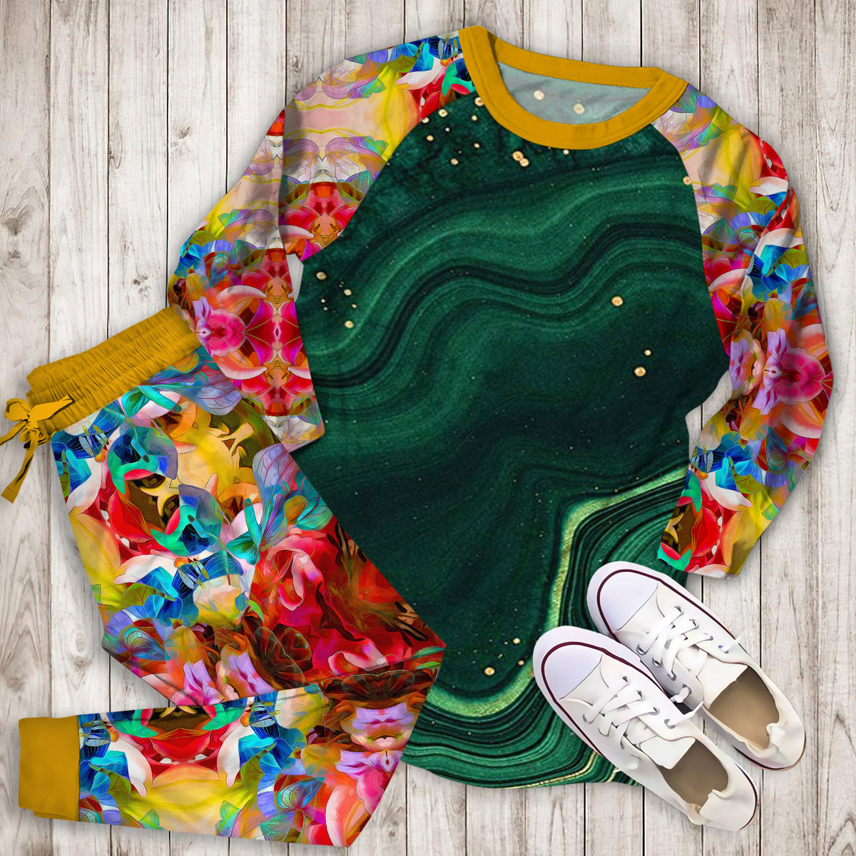 Abstract Green Gold Pajama Set | Pajamas | Cotton Sleepwear Sets | Soft Long Sleeve Pjs | Raglan Shirt and Pants Set
