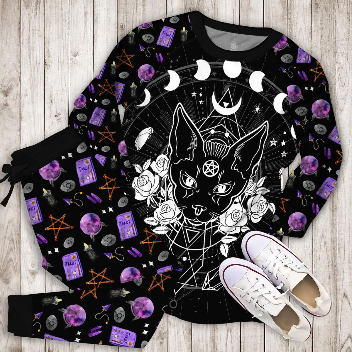 Wicca Black Cat Sphynx Flowers Pajama Set | Pajamas | Cotton Sleepwear Sets | Soft Long Sleeve Pjs | Raglan Shirt and Pants Set
