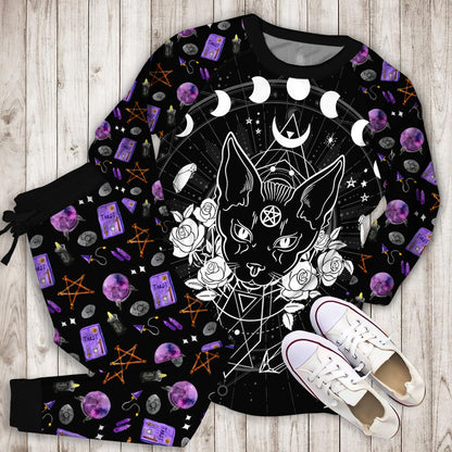 Wicca Black Cat Sphynx Flowers Pajama Set | Pajamas | Cotton Sleepwear Sets | Soft Long Sleeve Pjs | Raglan Shirt and Pants Set