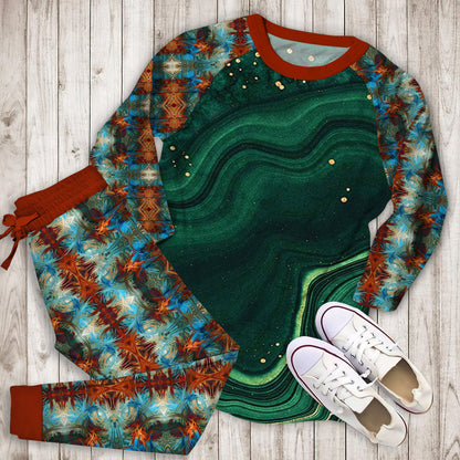 Abstract Green Gold Pajama Set | Pajamas | Cotton Sleepwear Sets | Soft Long Sleeve Pjs | Raglan Shirt and Pants Set