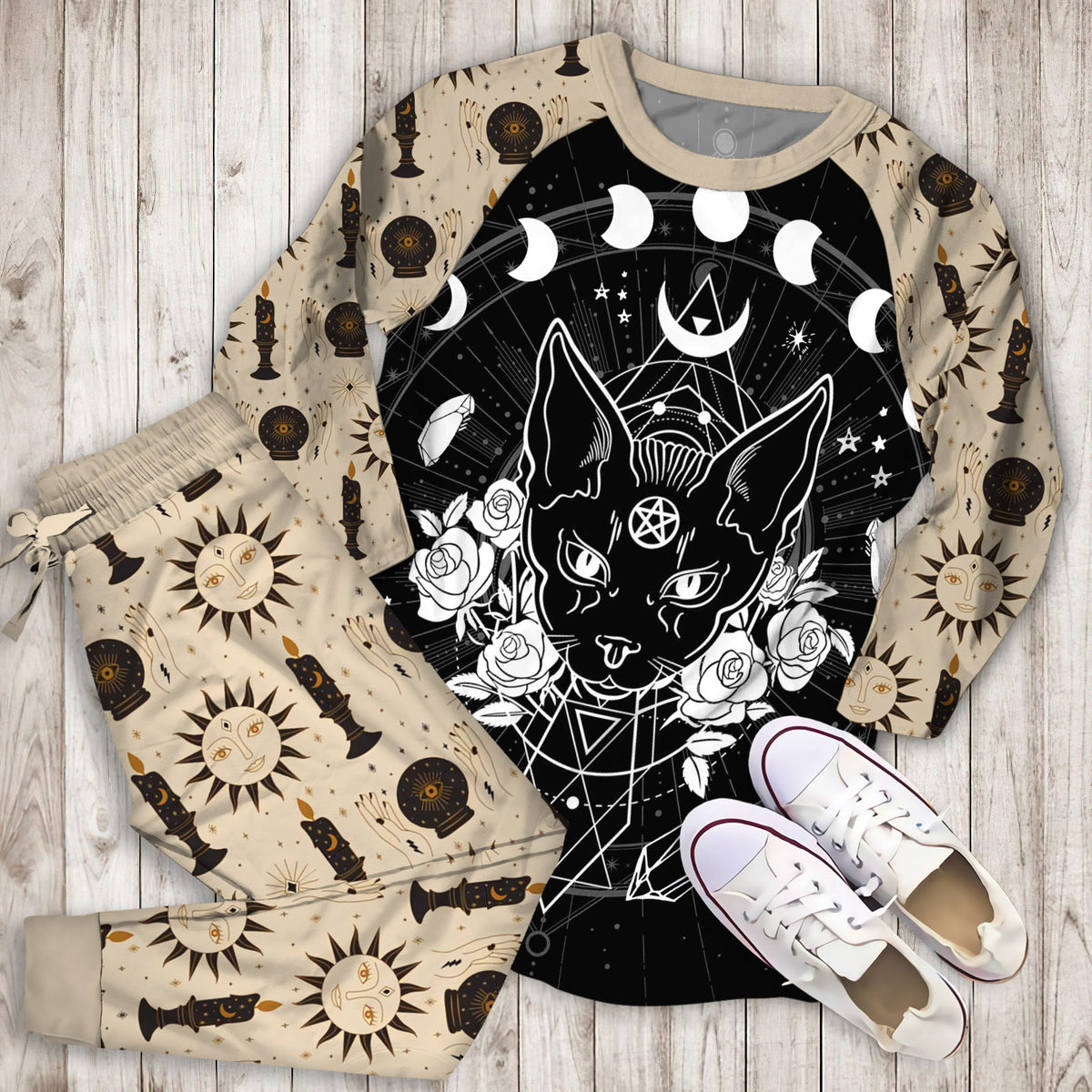 Wicca Black Cat Sphynx Flowers Pajama Set | Pajamas | Cotton Sleepwear Sets | Soft Long Sleeve Pjs | Raglan Shirt and Pants Set