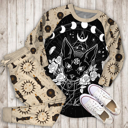 Wicca Black Cat Sphynx Flowers Pajama Set | Pajamas | Cotton Sleepwear Sets | Soft Long Sleeve Pjs | Raglan Shirt and Pants Set