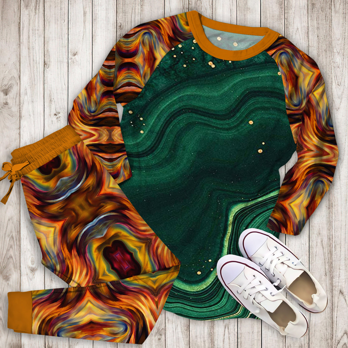 Abstract Green Gold Pajama Set | Pajamas | Cotton Sleepwear Sets | Soft Long Sleeve Pjs | Raglan Shirt and Pants Set