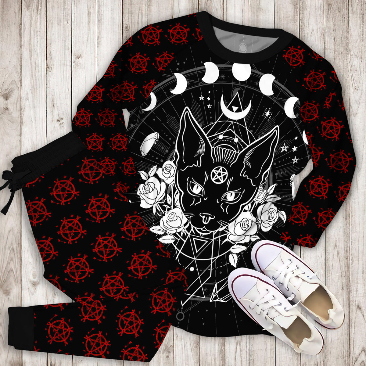 Wicca Black Cat Sphynx Flowers Pajama Set | Pajamas | Cotton Sleepwear Sets | Soft Long Sleeve Pjs | Raglan Shirt and Pants Set