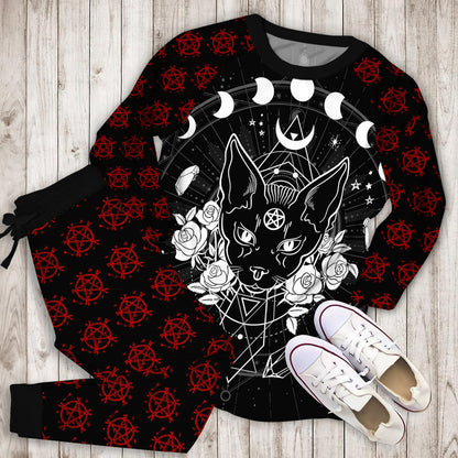 Wicca Black Cat Sphynx Flowers Pajama Set | Pajamas | Cotton Sleepwear Sets | Soft Long Sleeve Pjs | Raglan Shirt and Pants Set