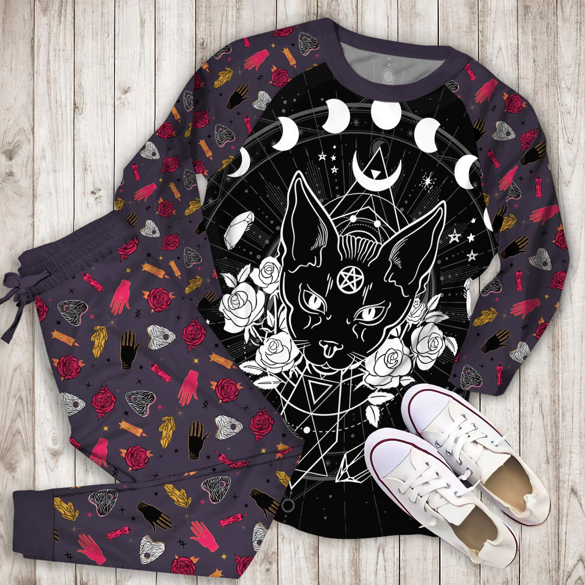 Wicca Black Cat Sphynx Flowers Pajama Set | Pajamas | Cotton Sleepwear Sets | Soft Long Sleeve Pjs | Raglan Shirt and Pants Set