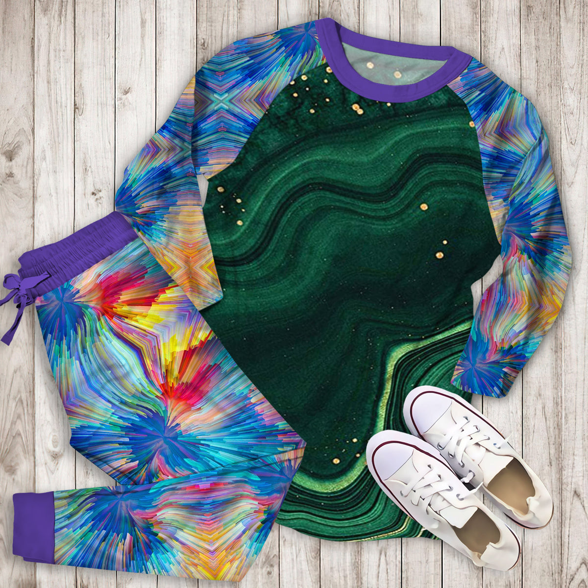 Abstract Green Gold Pajama Set | Pajamas | Cotton Sleepwear Sets | Soft Long Sleeve Pjs | Raglan Shirt and Pants Set