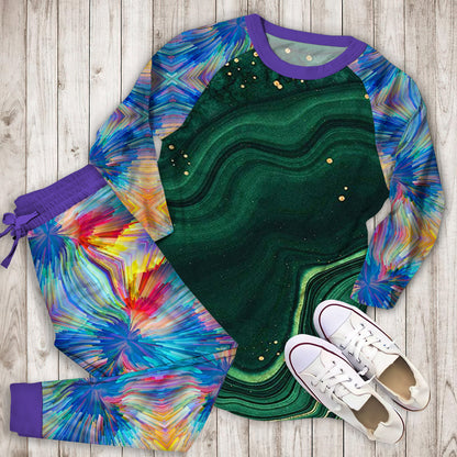 Abstract Green Gold Pajama Set | Pajamas | Cotton Sleepwear Sets | Soft Long Sleeve Pjs | Raglan Shirt and Pants Set