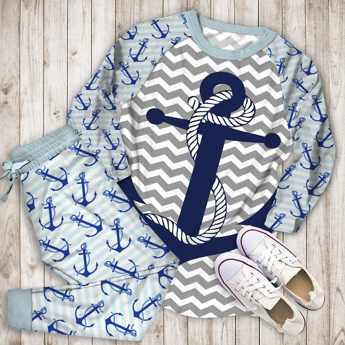 Anchor Blue Pajama Set | Pajamas | Cotton Sleepwear Sets | Soft Long Sleeve Pjs | Raglan Shirt and Pants Set