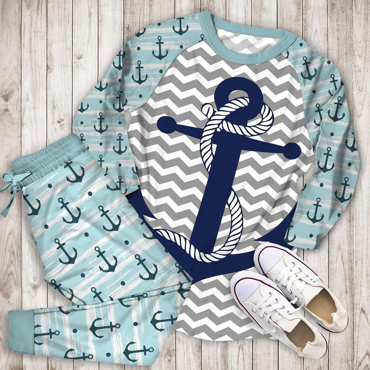 Anchor Blue Pajama Set | Pajamas | Cotton Sleepwear Sets | Soft Long Sleeve Pjs | Raglan Shirt and Pants Set