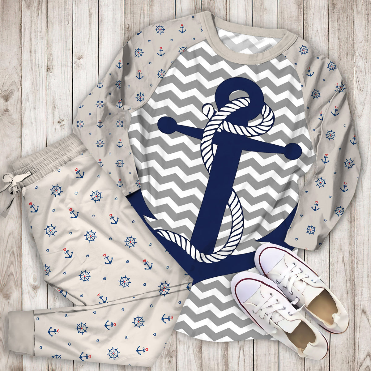 Anchor Blue Pajama Set | Pajamas | Cotton Sleepwear Sets | Soft Long Sleeve Pjs | Raglan Shirt and Pants Set