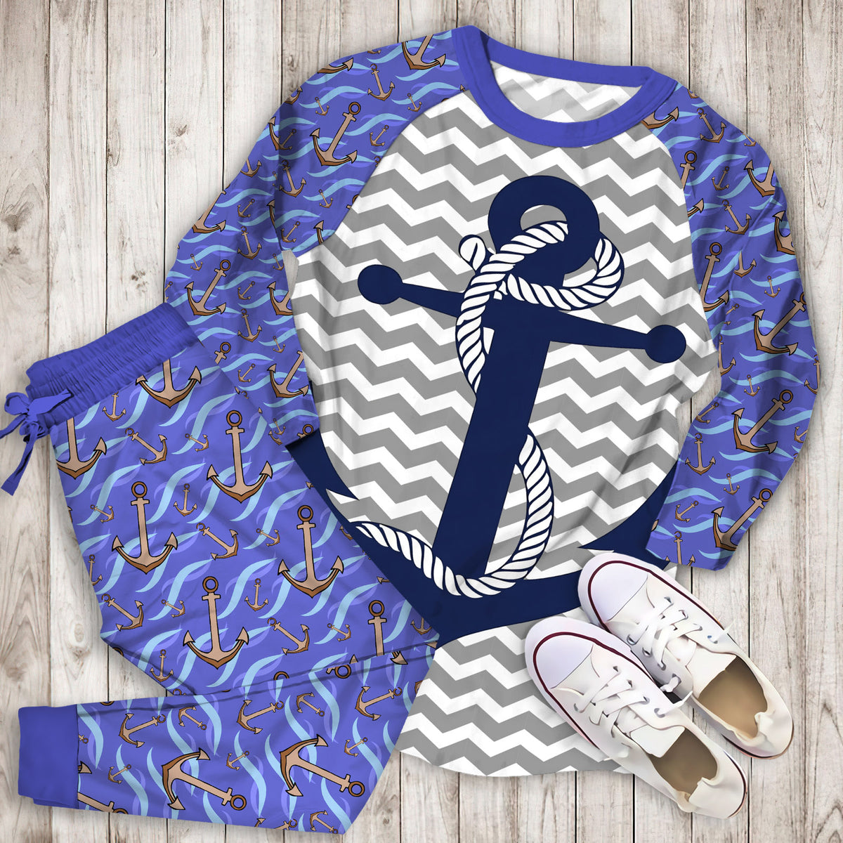 Anchor Blue Pajama Set | Pajamas | Cotton Sleepwear Sets | Soft Long Sleeve Pjs | Raglan Shirt and Pants Set