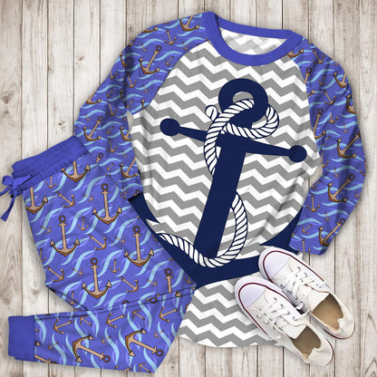 Anchor Blue Pajama Set | Pajamas | Cotton Sleepwear Sets | Soft Long Sleeve Pjs | Raglan Shirt and Pants Set