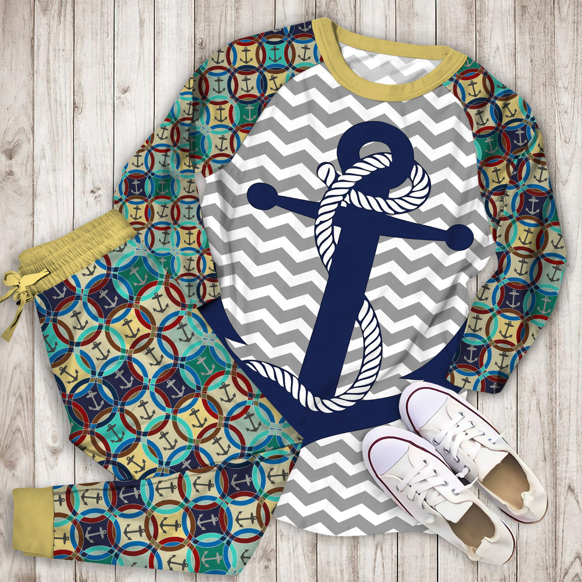 Anchor Blue Pajama Set | Pajamas | Cotton Sleepwear Sets | Soft Long Sleeve Pjs | Raglan Shirt and Pants Set