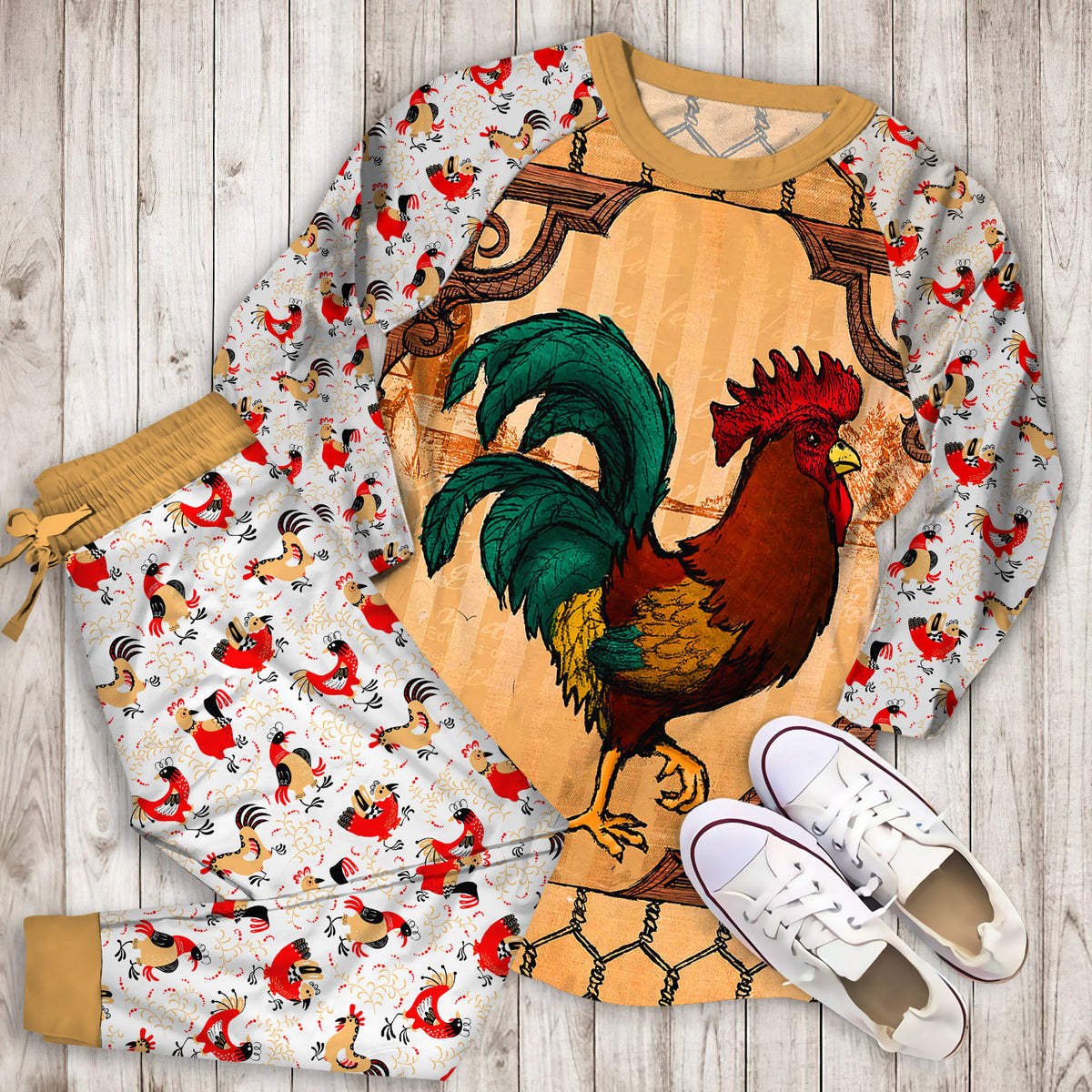 Rooster Pajama Set | Pajamas | Cotton Sleepwear Sets | Soft Long Sleeve Pjs | Raglan Shirt and Pants Set