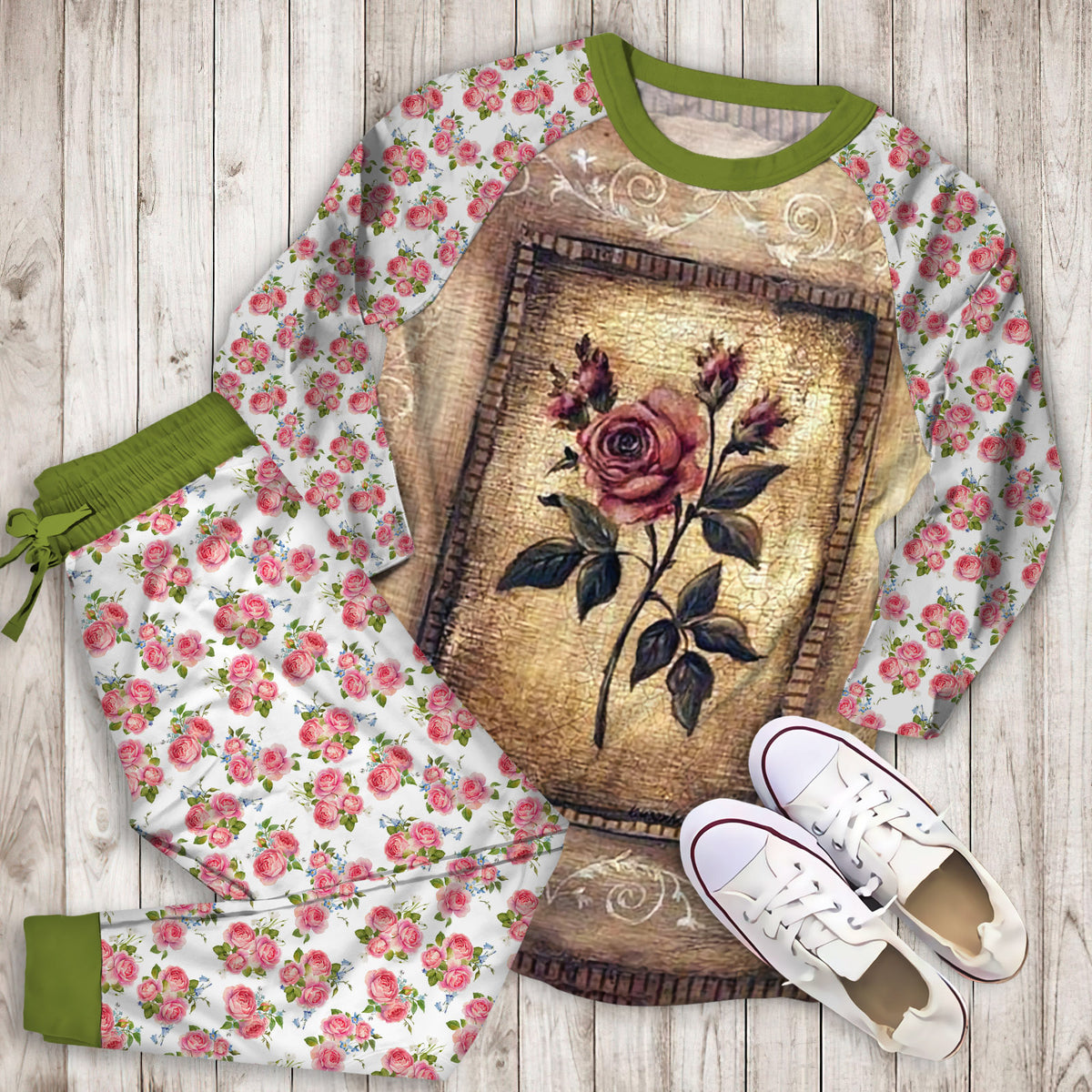 Rose Pajama Set | Pajamas | Cotton Sleepwear Sets | Soft Long Sleeve Pjs | Raglan Shirt and Pants Set