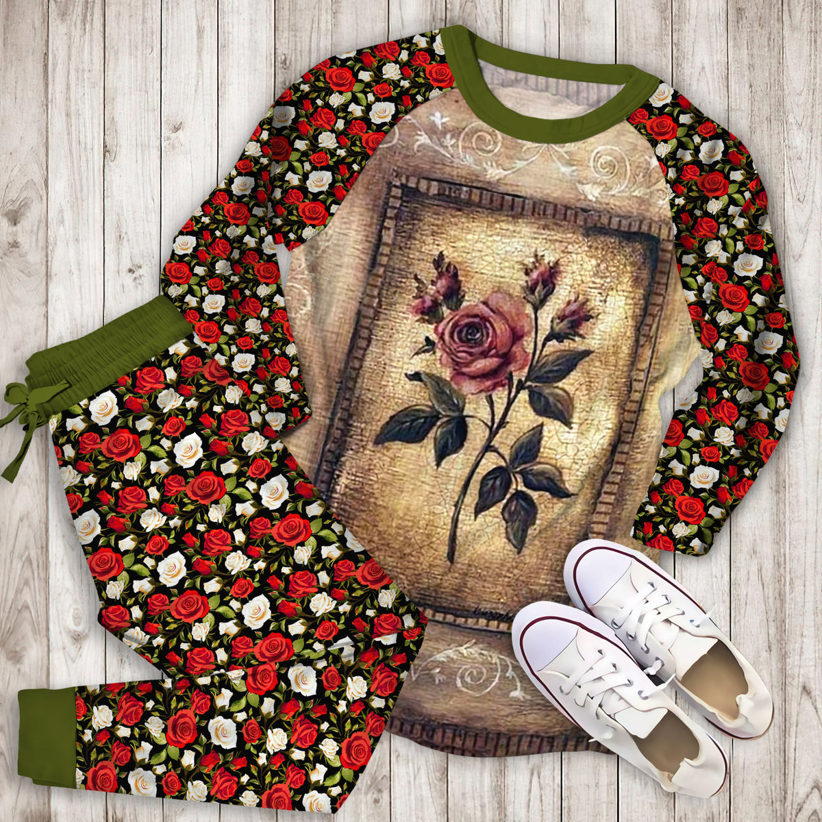 Rose Pajama Set | Pajamas | Cotton Sleepwear Sets | Soft Long Sleeve Pjs | Raglan Shirt and Pants Set