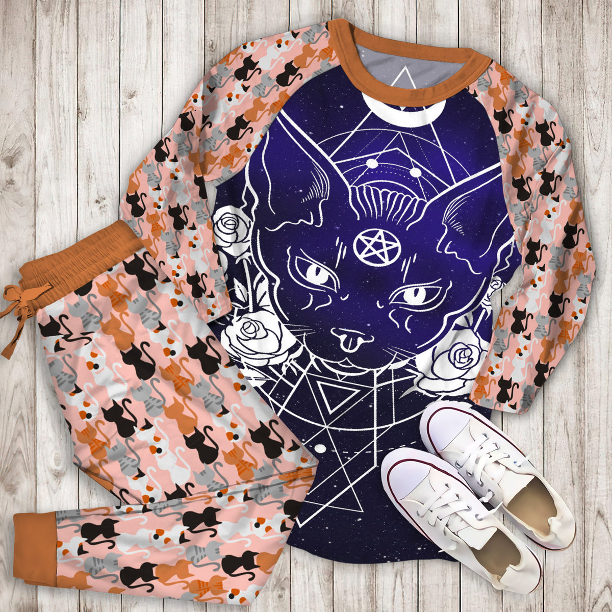 Cat Area Pajama Set | Pajamas | Cotton Sleepwear Sets | Soft Long Sleeve Pjs | Raglan Shirt and Pants Set