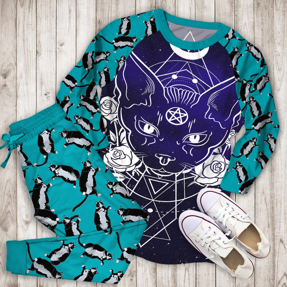 Cat Area Pajama Set | Pajamas | Cotton Sleepwear Sets | Soft Long Sleeve Pjs | Raglan Shirt and Pants Set