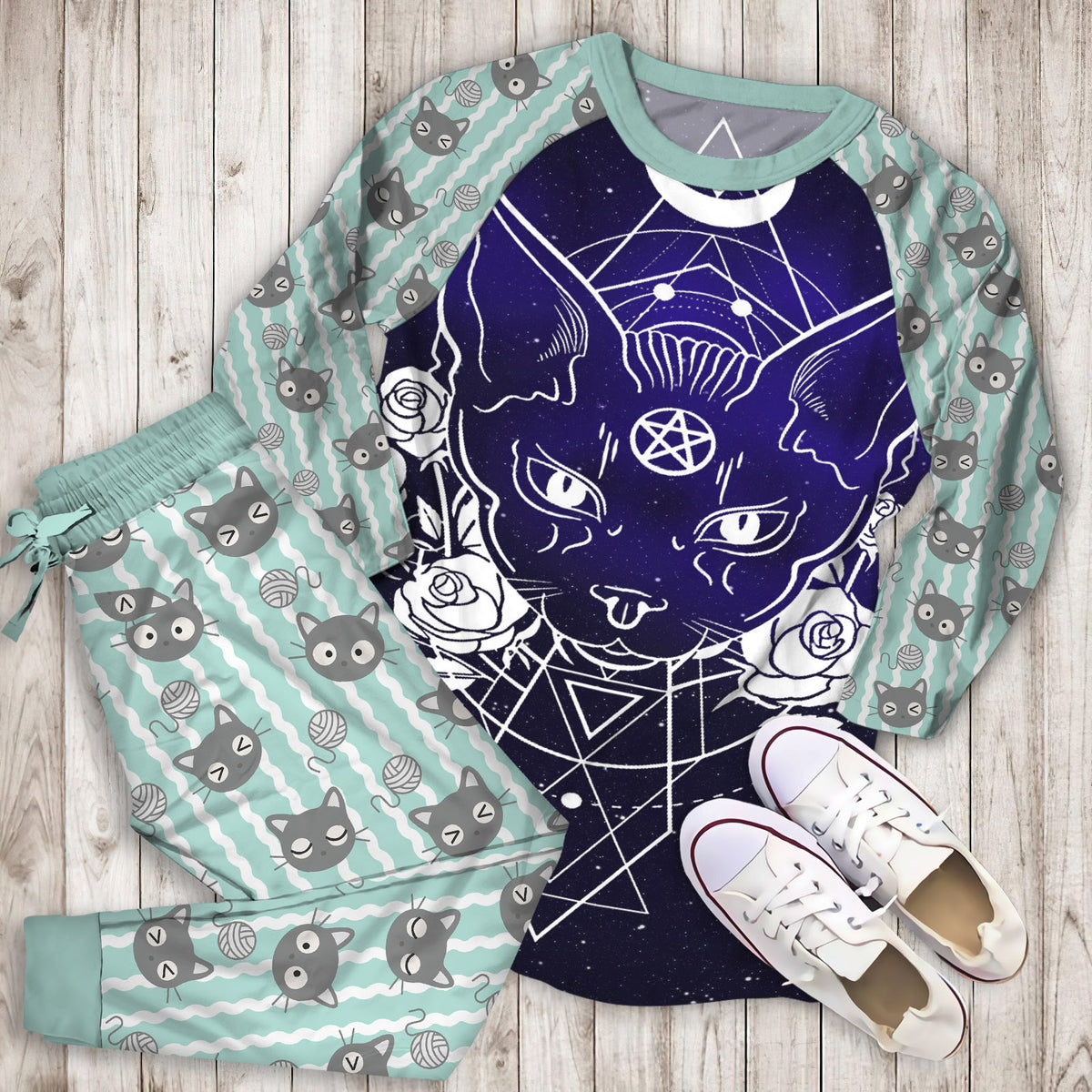 Cat Area Pajama Set | Pajamas | Cotton Sleepwear Sets | Soft Long Sleeve Pjs | Raglan Shirt and Pants Set