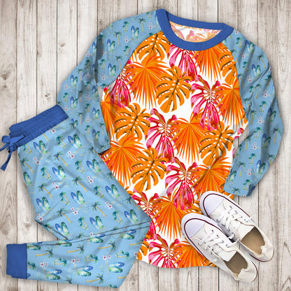 South Beach Tropical Pink And Orange Pajama Set | Pajamas | Cotton Sleepwear Sets | Soft Long Sleeve Pjs | Raglan Shirt and Pants Set