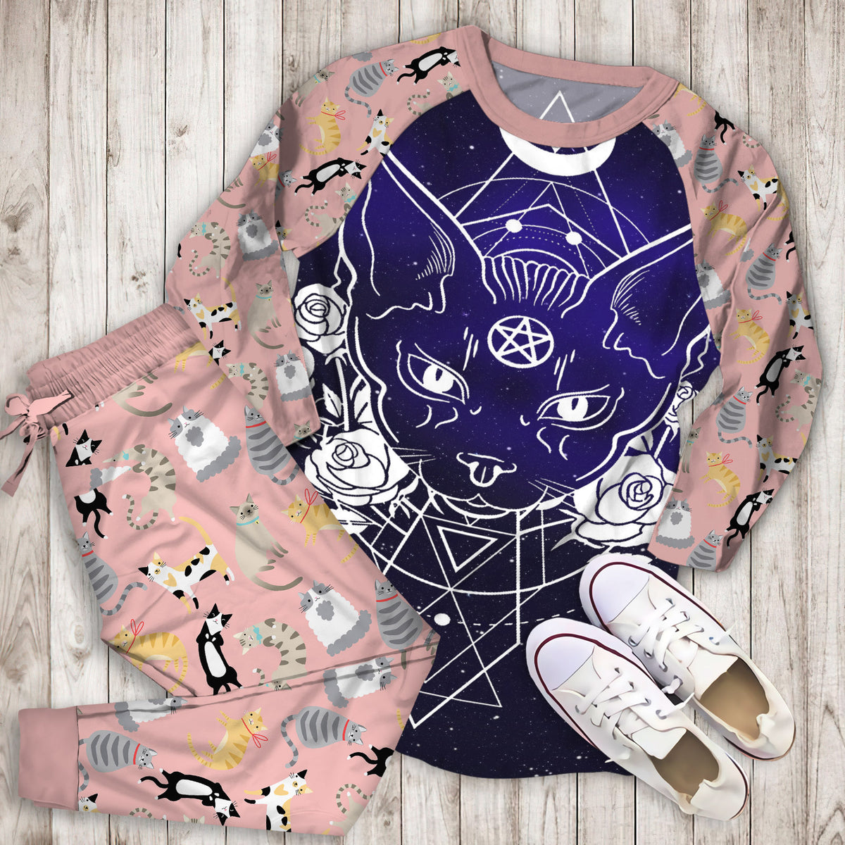 Cat Area Pajama Set | Pajamas | Cotton Sleepwear Sets | Soft Long Sleeve Pjs | Raglan Shirt and Pants Set