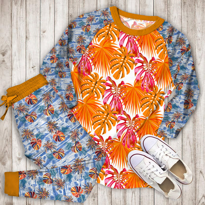 South Beach Tropical Pink And Orange Pajama Set | Pajamas | Cotton Sleepwear Sets | Soft Long Sleeve Pjs | Raglan Shirt and Pants Set