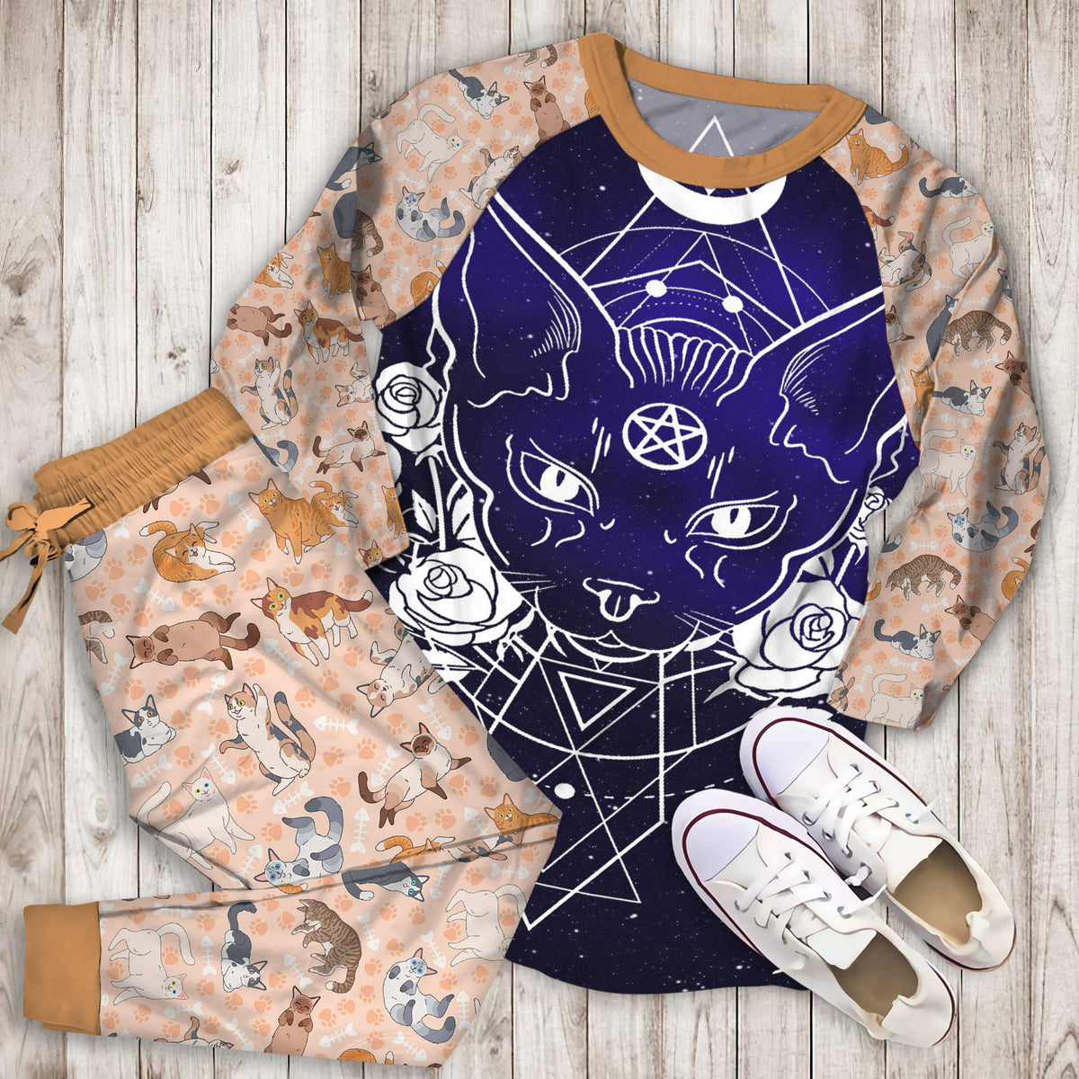 Cat Area Pajama Set | Pajamas | Cotton Sleepwear Sets | Soft Long Sleeve Pjs | Raglan Shirt and Pants Set